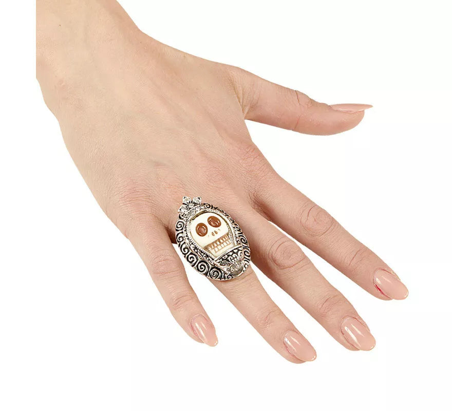 Translation missing: pt-PT.Anillo Plateado con Calavera Blanca y Pedrería