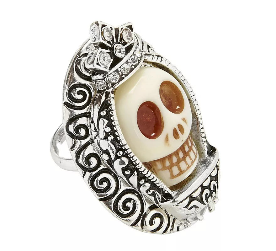 Translation missing: pt-PT.Anillo Plateado con Calavera Blanca y Pedrería