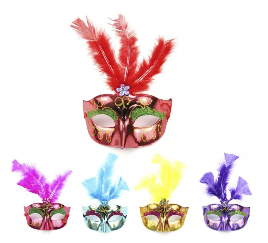 Translation missing: pt-PT.Antifaz Carnaval metalizado con plumas colores surtidos