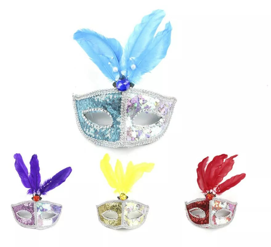 Translation missing: pt-PT.Antifaz Carnaval plateado con plumas colores surtidos