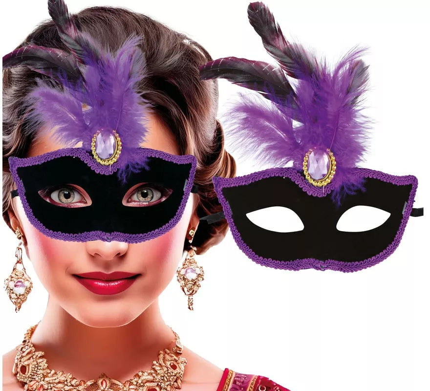 Translation missing: pt-PT.Antifaz Veneciano negro con Plumas lilas
