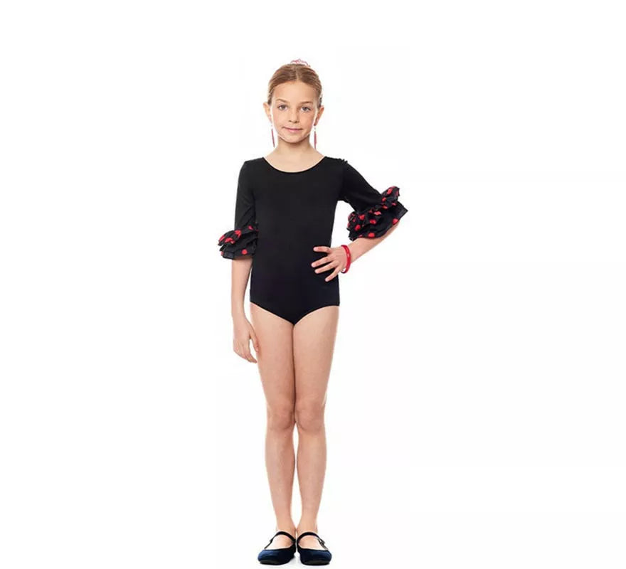 Translation missing: pt-PT.Body o maillot Sevillana con Volante Lunar negro y rojo para niña