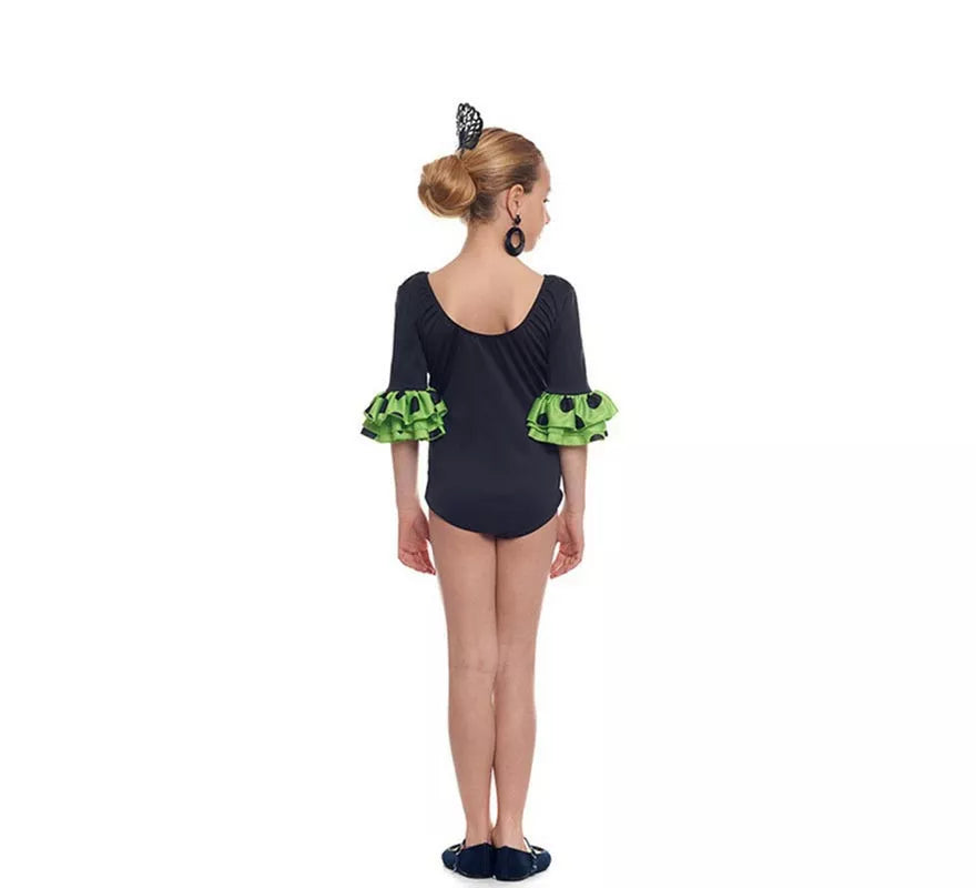 Translation missing: pt-PT.Body o maillot Sevillana con Volante Lunar negro y verde para niña