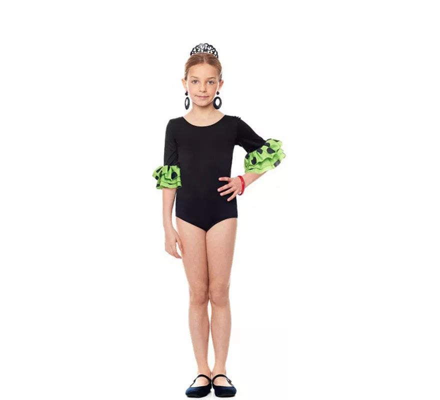 Translation missing: pt-PT.Body o maillot Sevillana con Volante Lunar negro y verde para niña