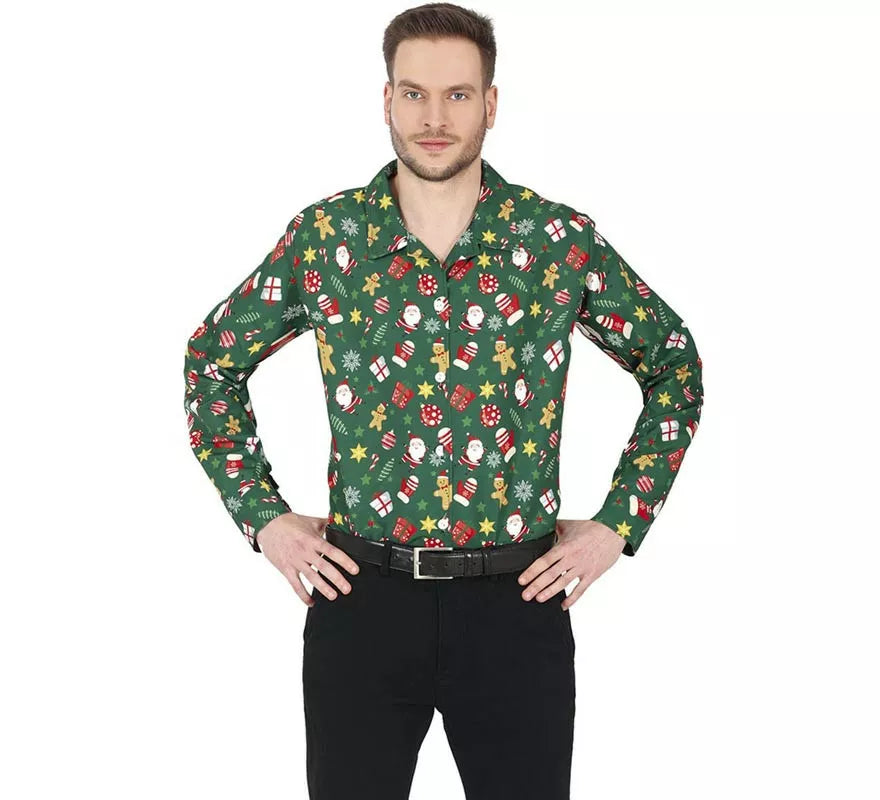 Translation missing: pt-PT.Camisa de Navideña verde estampado para hombre