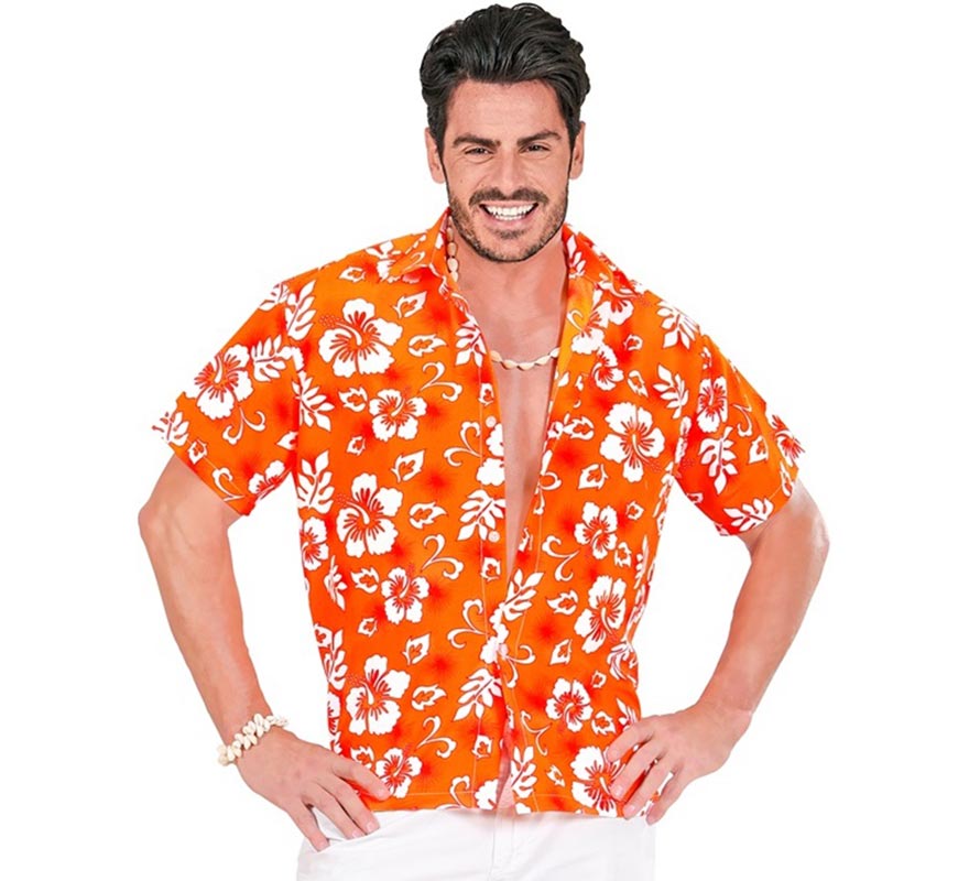 Translation missing: pt-PT.Camisa manga corta Hawaiana con Flores naranja para hombre