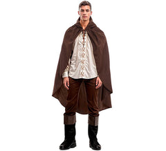 Capa medieval castanha com capuz, 130 cm