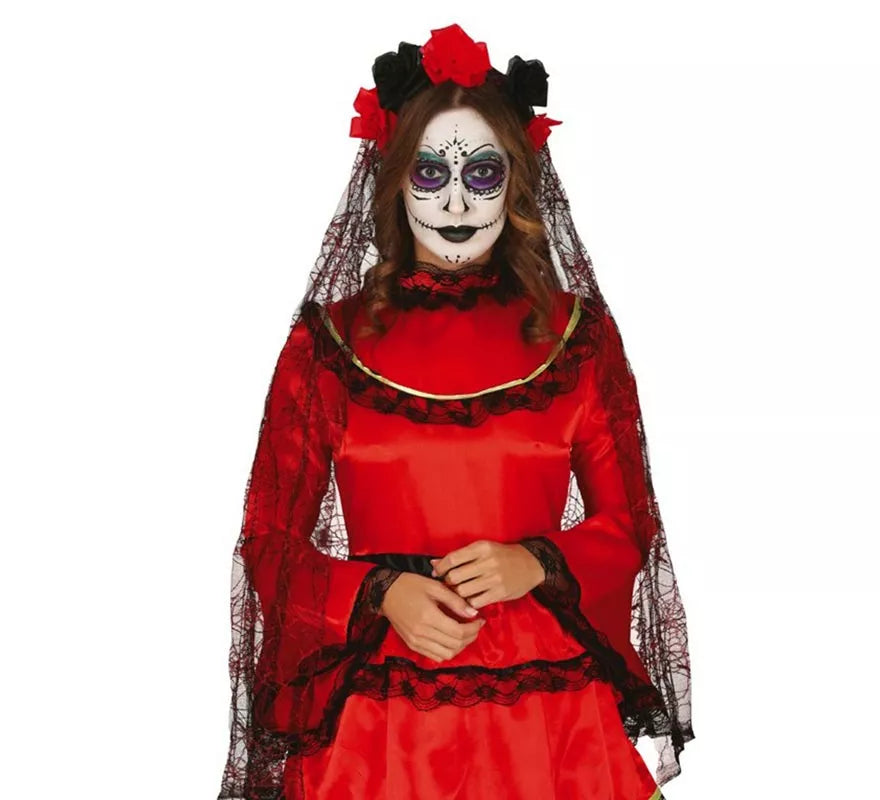 Translation missing: pt-PT.Diadema de Flores Negras y Rojas con Velo