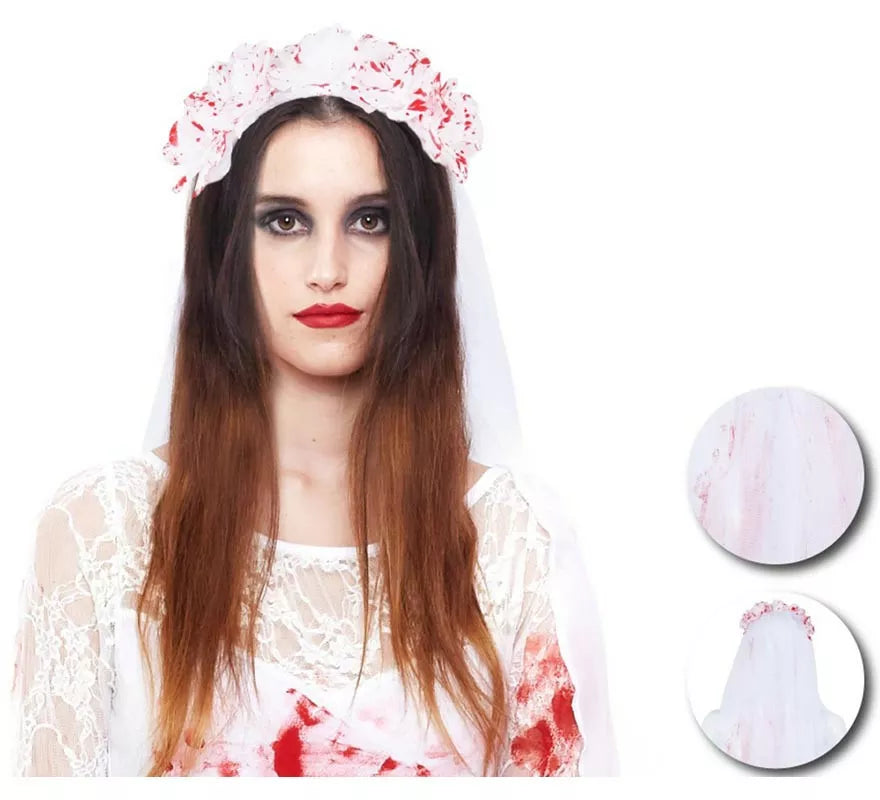 Translation missing: pt-PT.Diadema de Novia muestra con velo y sangre falsa de 90 cm