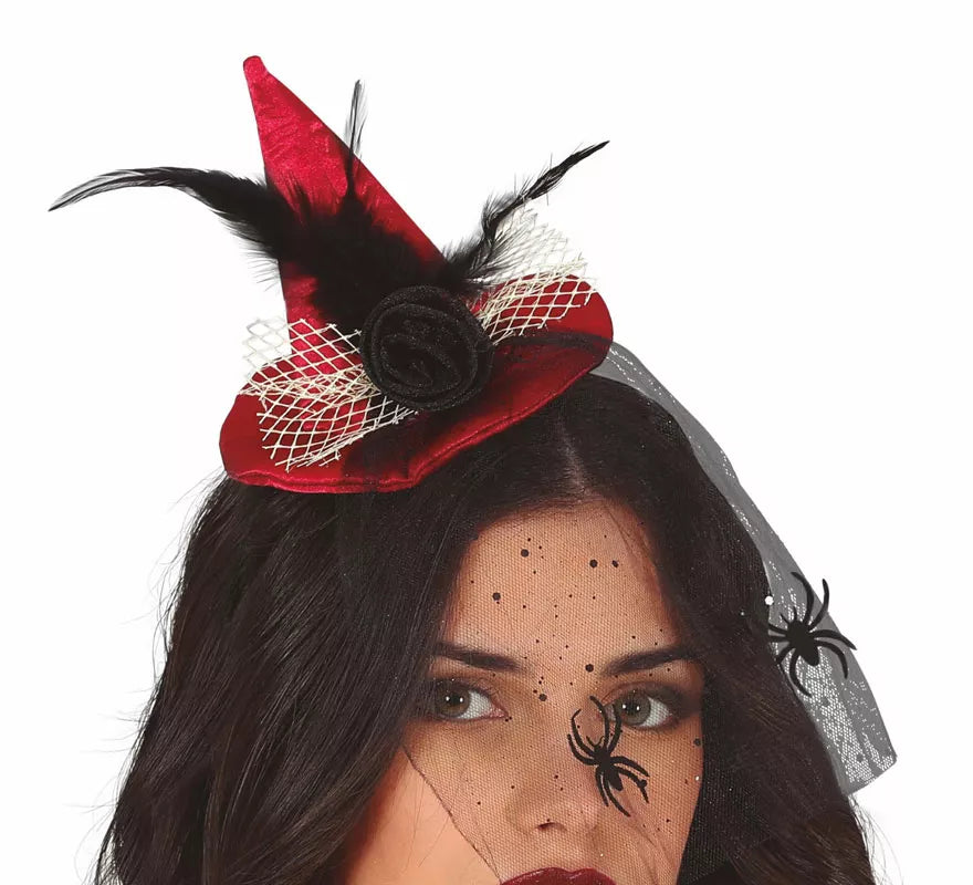 Translation missing: pt-PT.Diadema Mini sombrero de Bruja Rojo con Velo