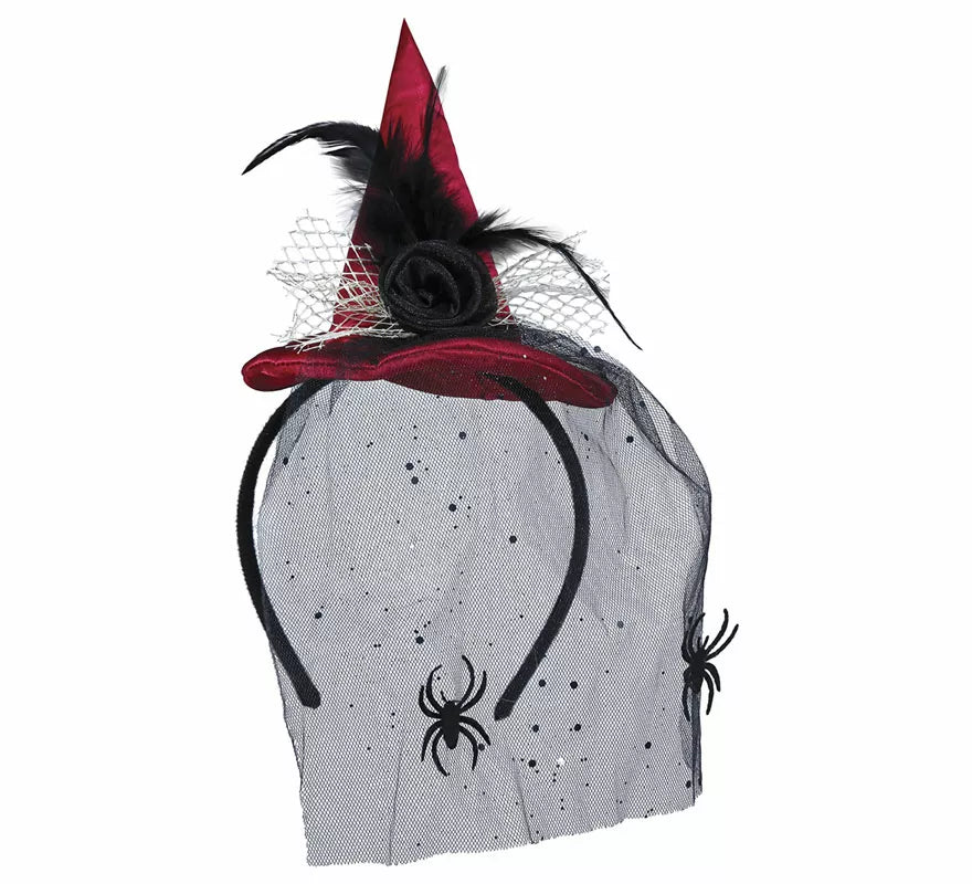 Translation missing: pt-PT.Diadema Mini sombrero de Bruja Rojo con Velo