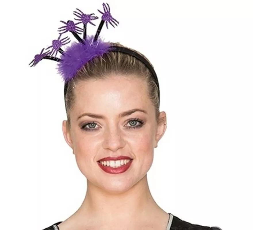 Translation missing: pt-PT.Diadema morada con plumas y arañas 23 cm