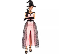 Fato feminina vintage de bruxa rosa