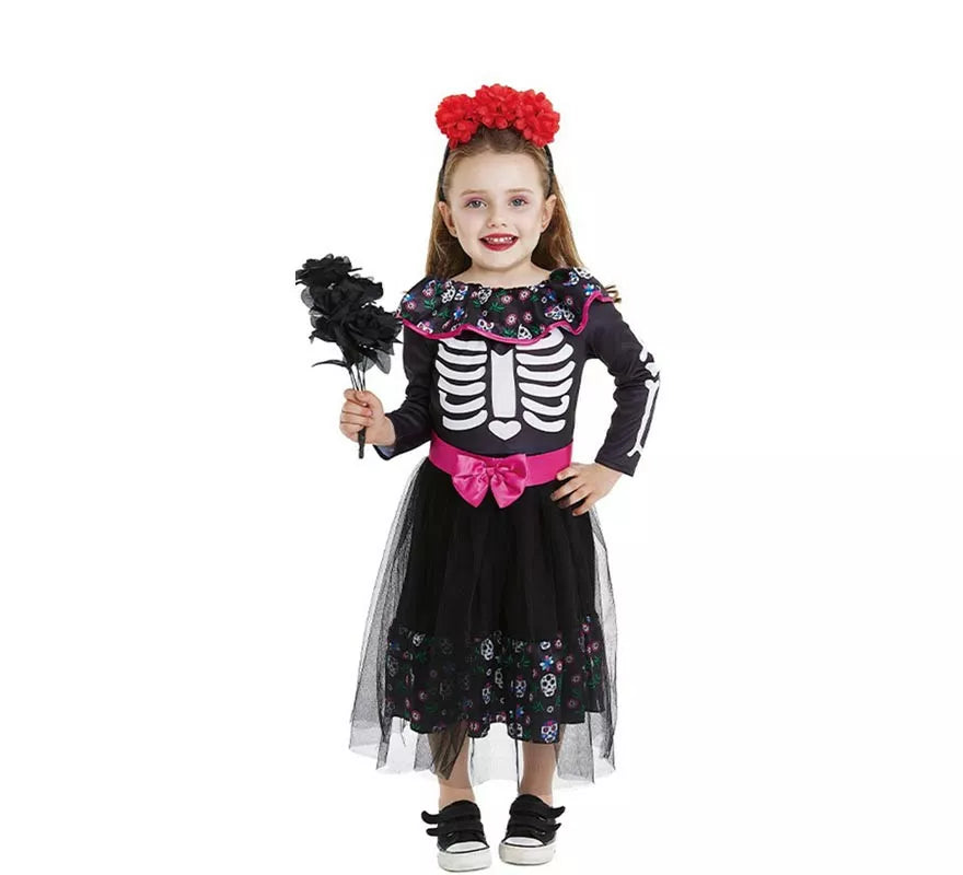 Disfraz de Catrina rosa con cinturón para bebé y niña