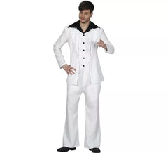 Traje masculino preto e branco de discoteca