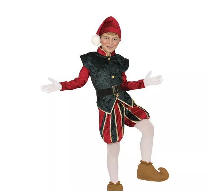 Translation missing: pt-PT.Disfraz de Elfo Paje verde y rojo con gorro para niños