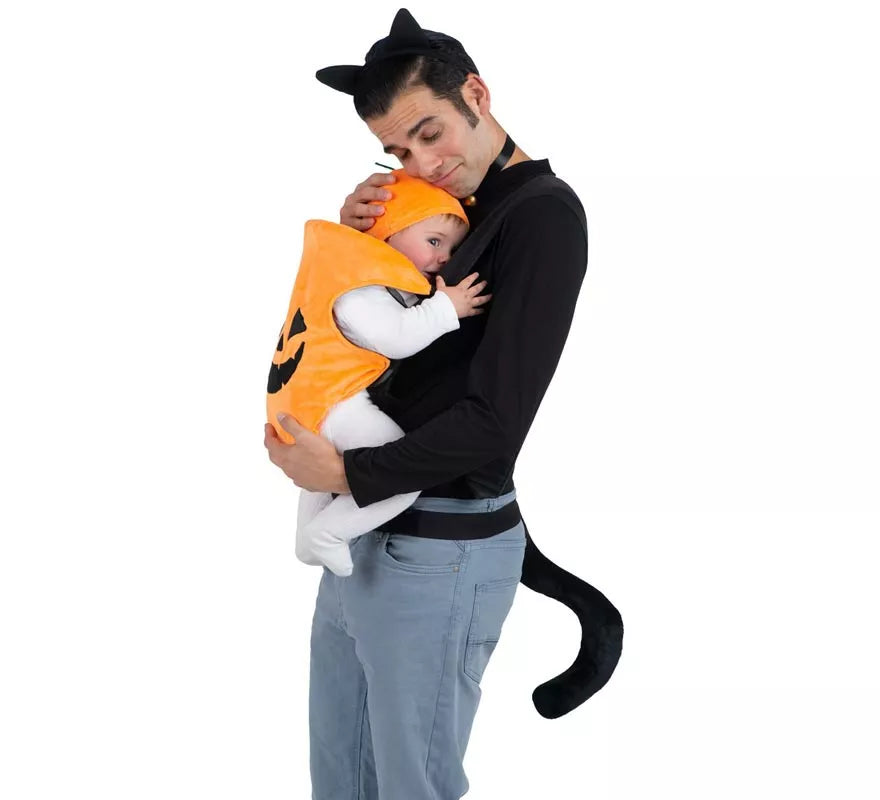 Disfraz de Gato y Calabaza con cubremochila para adulto y bebé