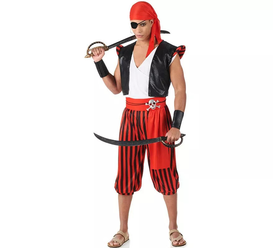 Translation missing: pt-PT.Disfraz de Pirata rojo a rayas para hombre