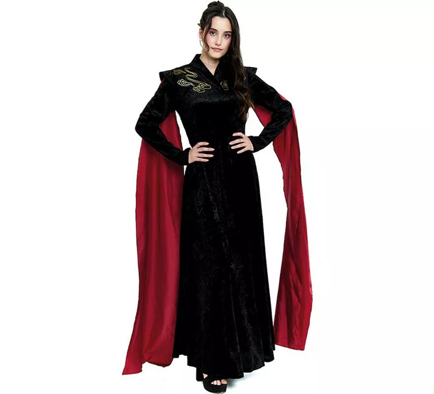 Translation missing: pt-PT.Disfraz de Reina Dragón negro con mangas rojas para mujer