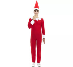 Fato de duende de Natal maroto ou macacão com chapéu para adultos