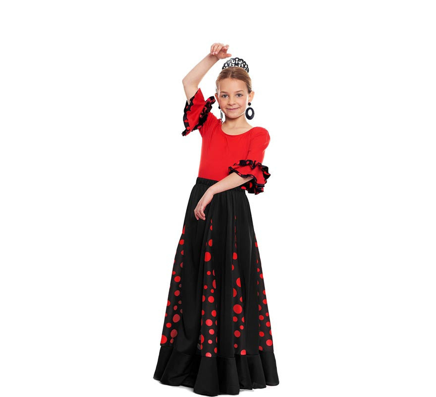 Translation missing: pt-PT.Falda Sevillana de Quillas negro con Lunar rojo para niña
