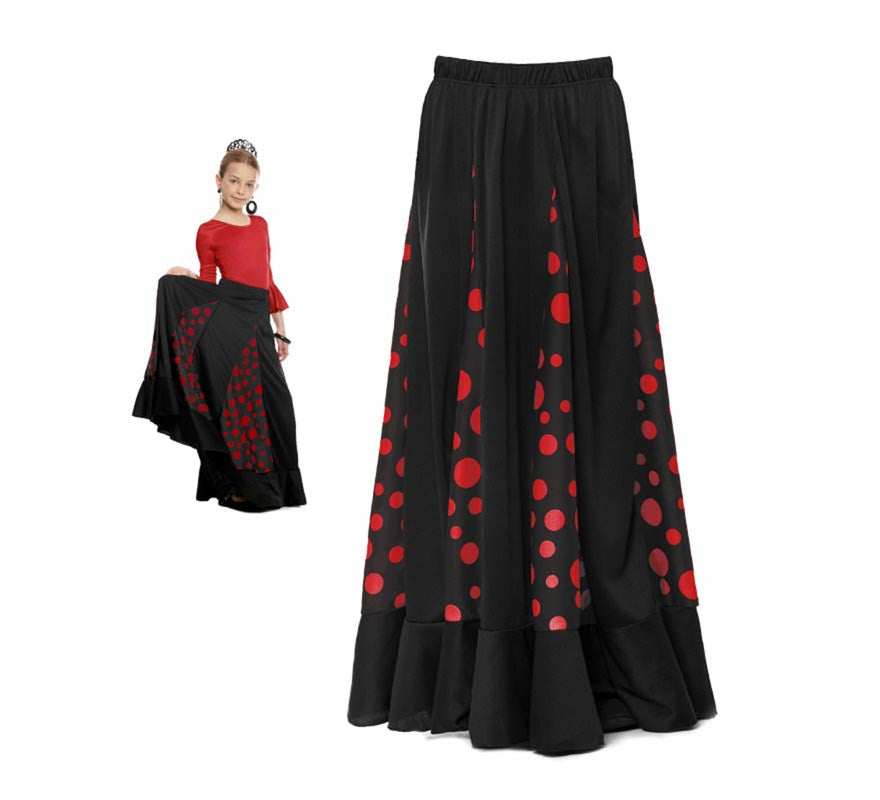 Translation missing: pt-PT.Falda Sevillana de Quillas negro con Lunar rojo para niña