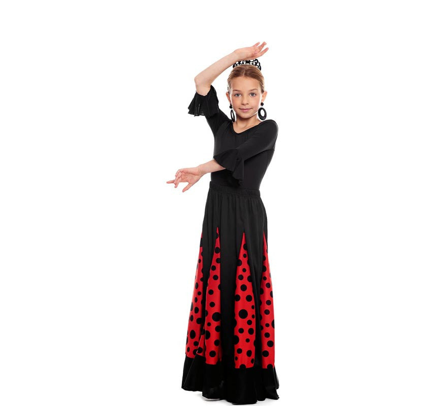 Translation missing: pt-PT.Falda Sevillana de Quillas negro y rojo con Lunar negro para niña