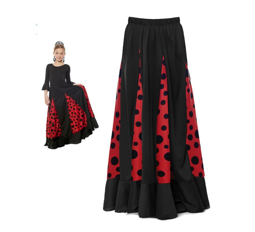 Translation missing: pt-PT.Falda Sevillana de Quillas negro y rojo con Lunar negro para niña