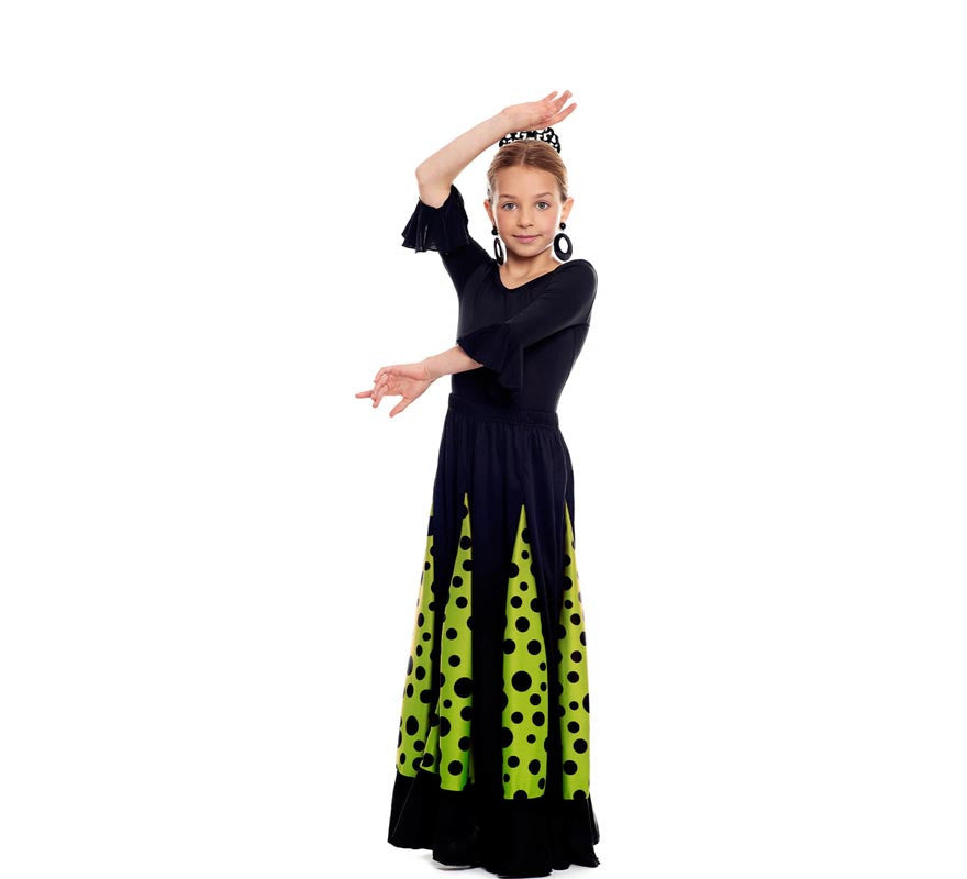 Translation missing: pt-PT.Falda Sevillana de Quillas negro y verde con Lunar negro para niña