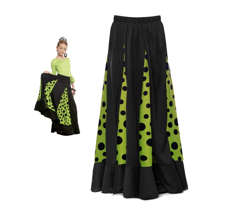 Translation missing: pt-PT.Falda Sevillana de Quillas negro y verde con Lunar negro para niña