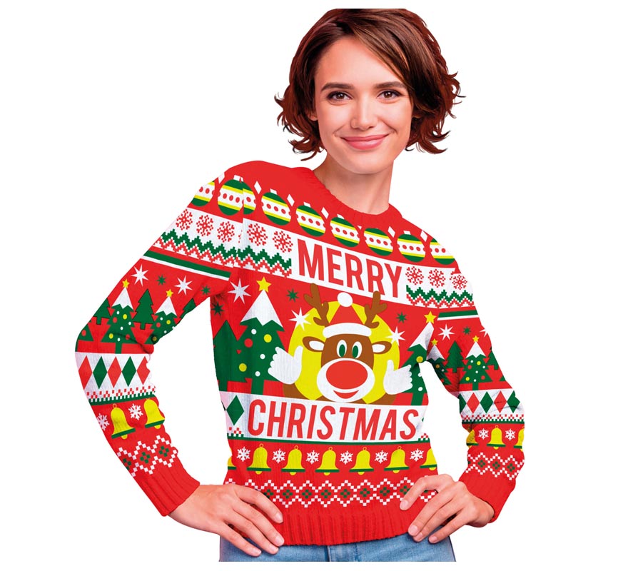 Translation missing: pt-PT.Jersey Navidad Reno Merry Christmas rojo para mujer