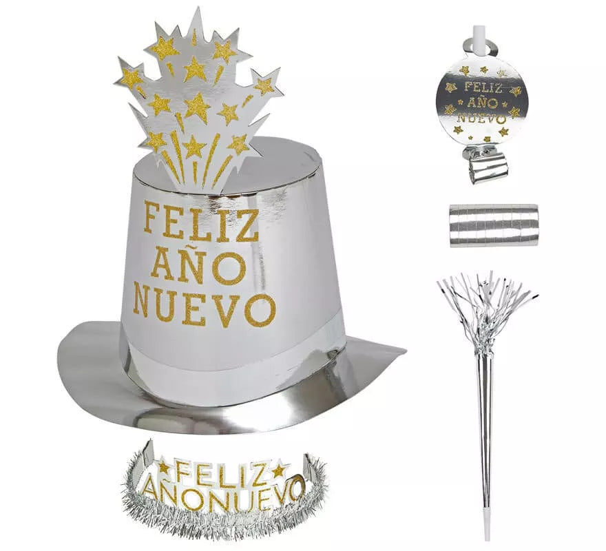 Translation missing: pt-PT.Kit Cotillón Feliz Año Nuevo Plateado para 10 personas