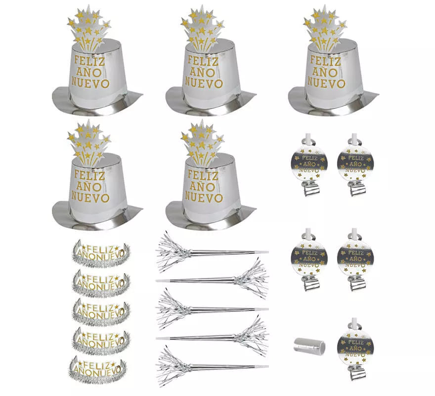 Translation missing: pt-PT.Kit Cotillón Feliz Año Nuevo Plateado para 10 personas
