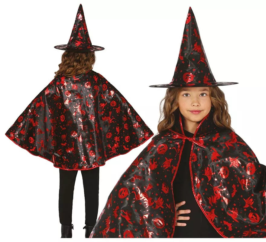 Translation missing: pt-PT.Kit de Bruja negro y rojo Infantil: Capa y Sombrero