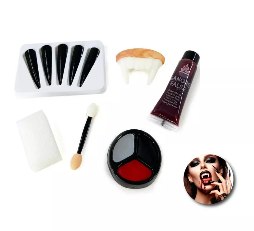 Translation missing: pt-PT.Kit de Maquillaje Vampiro: Uñas, dentadura, tubo de sangre, esponja, brocha y paleta