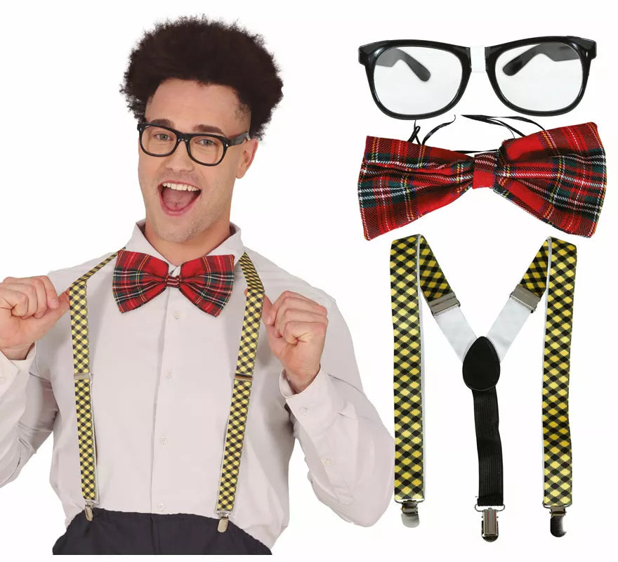 Translation missing: pt-PT.Kit de Nerd Colegial adulto: Gafas, pajarita y tirantes