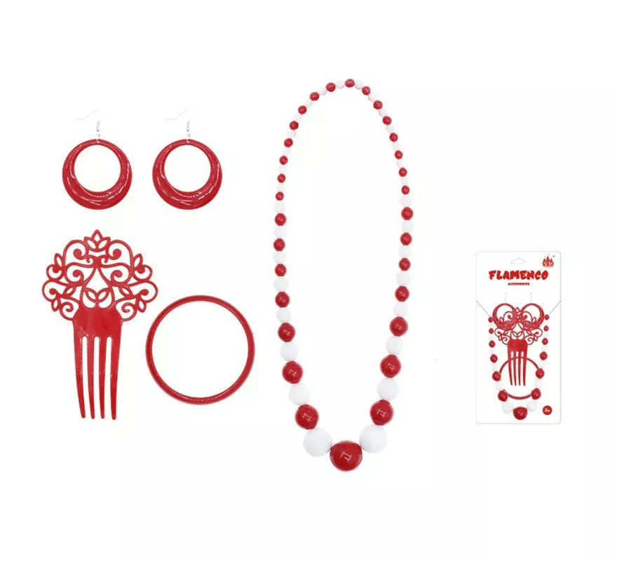 Translation missing: pt-PT.Kit de Sevillana rojo y blanco: Peineta, Collar, Pendientes y Pulsera