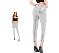 Leggings metálicas prateadas para mulheres
