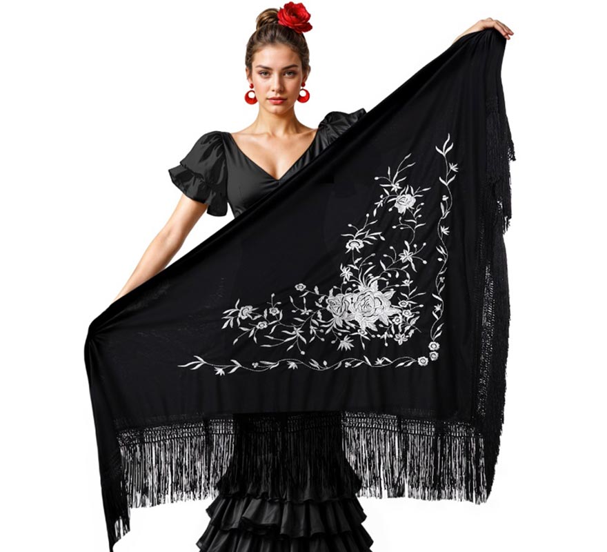 Translation missing: pt-PT.Mantón negro bordado de 200x95 cm en varios colores