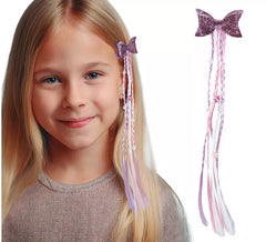Aplique de cabelo trançado lilás e rosa com laço de 30 cm