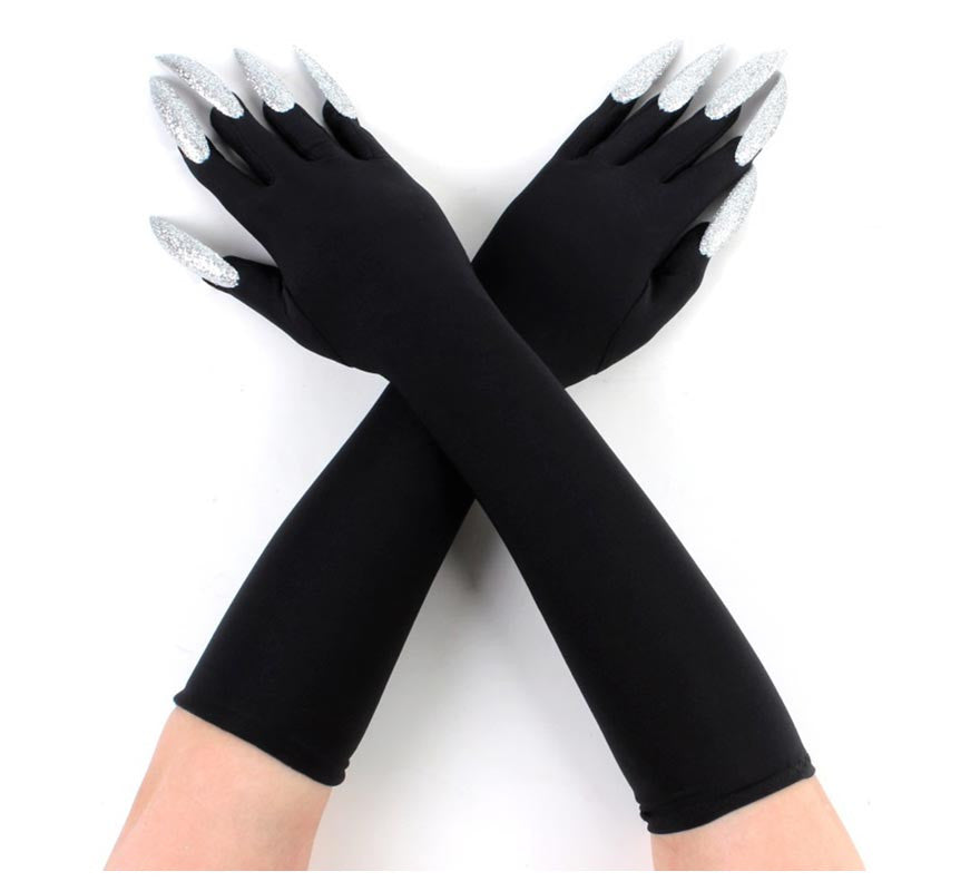 Translation missing: pt-PT.Par de Guantes negros con Uñas plateadas adulto