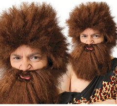 Peruca marrom e barba de homem das cavernas ou troglodita