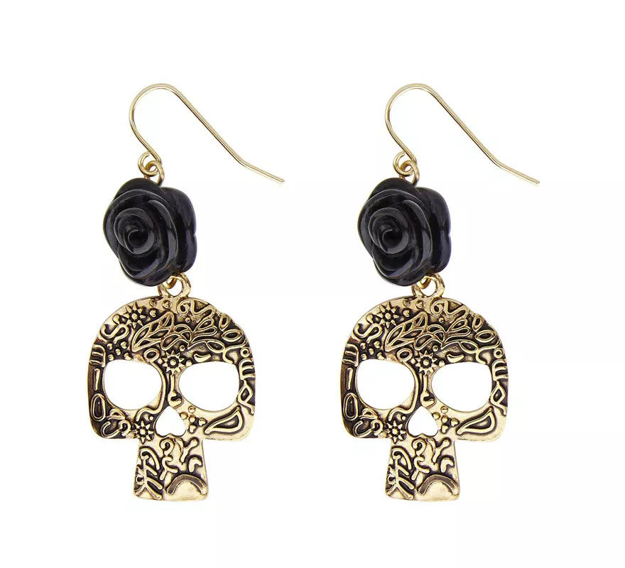 Translation missing: pt-PT.Pendientes de Calavera Dorada con Rosa Negra
