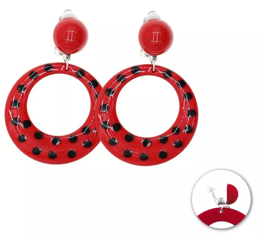Translation missing: pt-PT.Pendientes de Sevillana pequeños rojos con topos negros de 6 cm