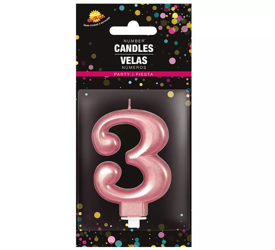 Translation missing: pt-PT.Vela Metalizada Oro y Rosa Número 3, de 8 cm
