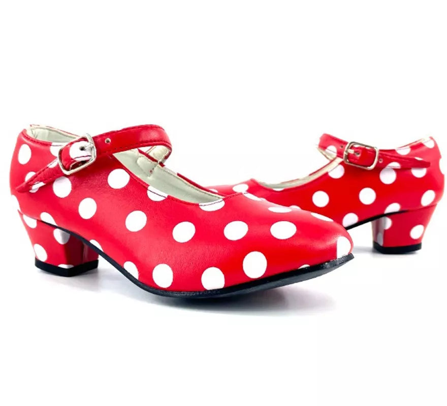 Translation missing: pt-PT.Zapato Sevillana con tacón Rojo con lunares Blancos en números del 22 al 41
