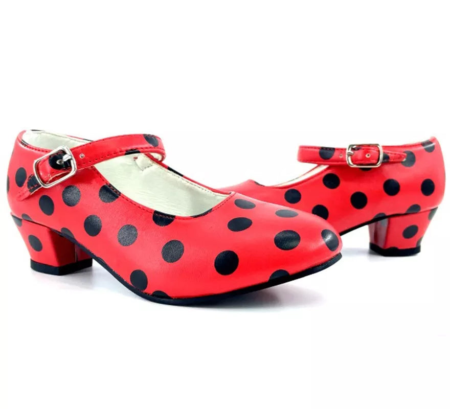 Translation missing: pt-PT.Zapato Sevillana con tacón Rojo con lunares Negros en números del 22 al 41