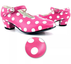 Sapato Sevillana com salto Fuchsia com pontos brancos nos tamanhos 22 a 41