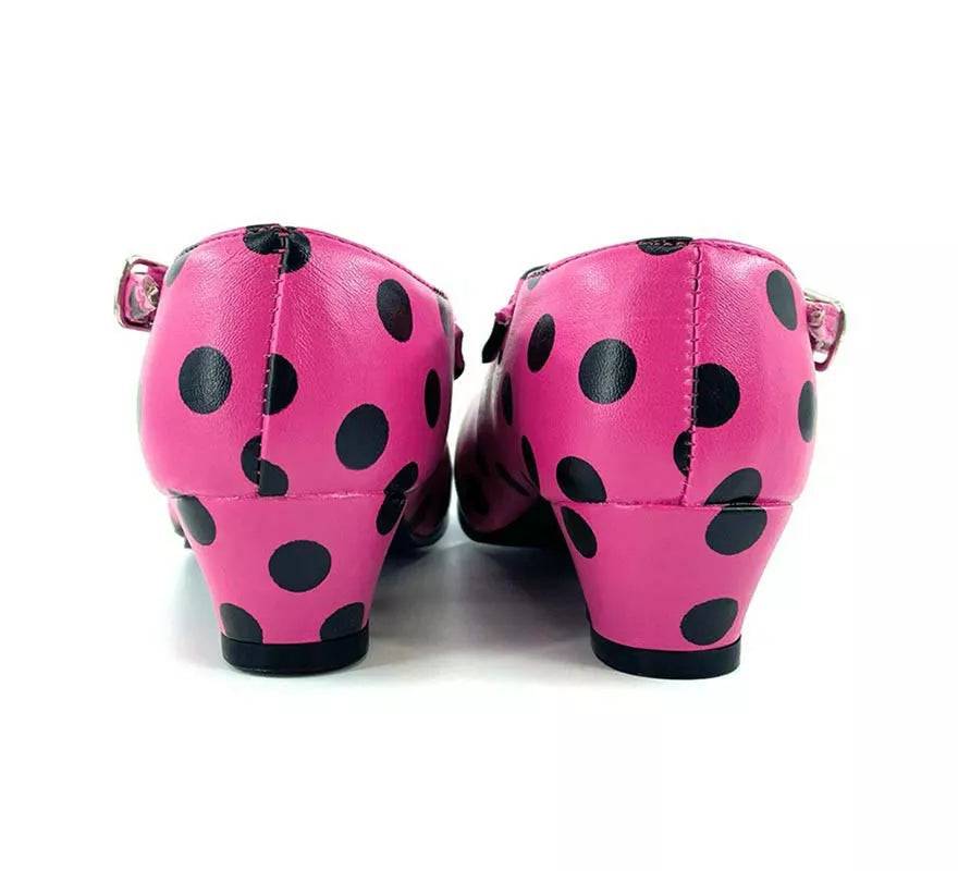 Translation missing: pt-PT.Zapato Sevillana con tacón Fucsia con lunares Negros números del 22 al 41
